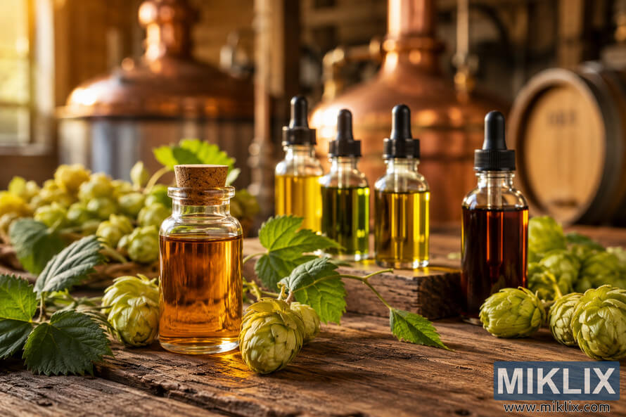 Rustic still life of hop essential oils in glass vials and dropper bottles surrounded by fresh hop cones and green leaves on a wooden table, with blurred copper brewing kettles and barrels in the background. Rustic still life of hop essential oils in glass vials and dropper bottles surrounded by fresh hop cones and green leaves on a wooden table, with blurred copper brewing kettles and barrels in the background.