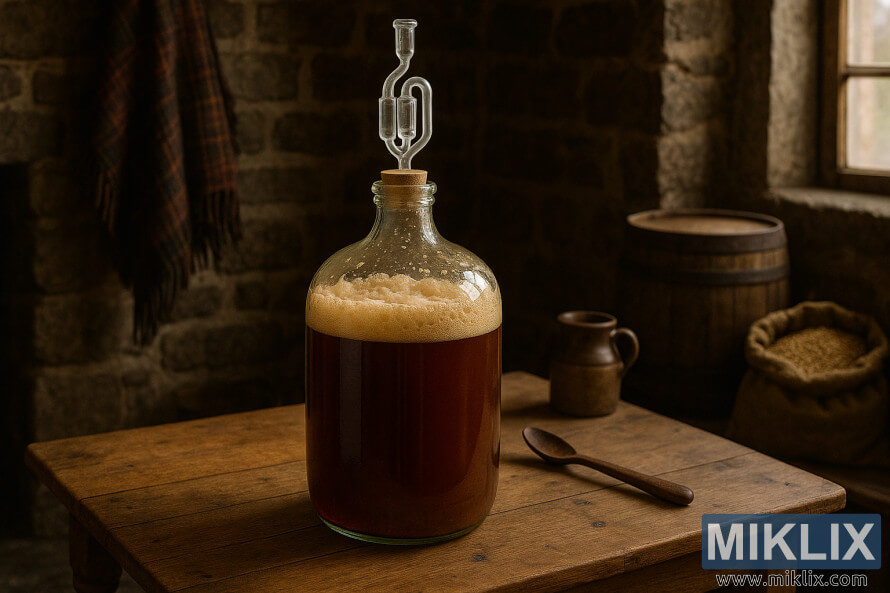 Um grande garrafão de vidro cheio de cerveja escocesa em fermentação e um airlock em forma de S sobre uma mesa de madeira em uma casa de pedra rústica. Um grande garrafão de vidro cheio de cerveja escocesa em fermentação e um airlock em forma de S sobre uma mesa de madeira em uma casa de pedra rústica.