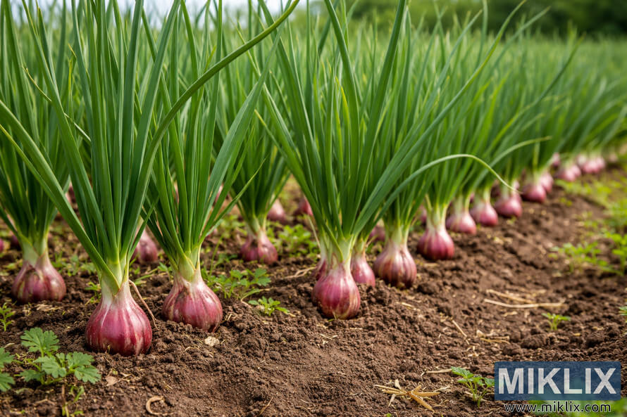 Rows of healthy shallot plants with green leaves and reddish bulbs growing in loose brown soil under natural daylight