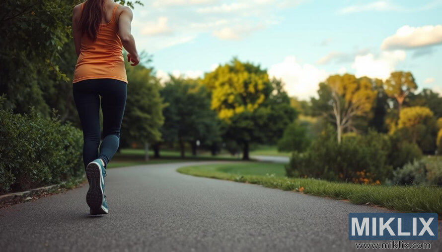 Person gÃ¥r hurtigt pÃ¥ en snoet parksti omgivet af grÃ¸nne trÃ¦er under en klar himmel.