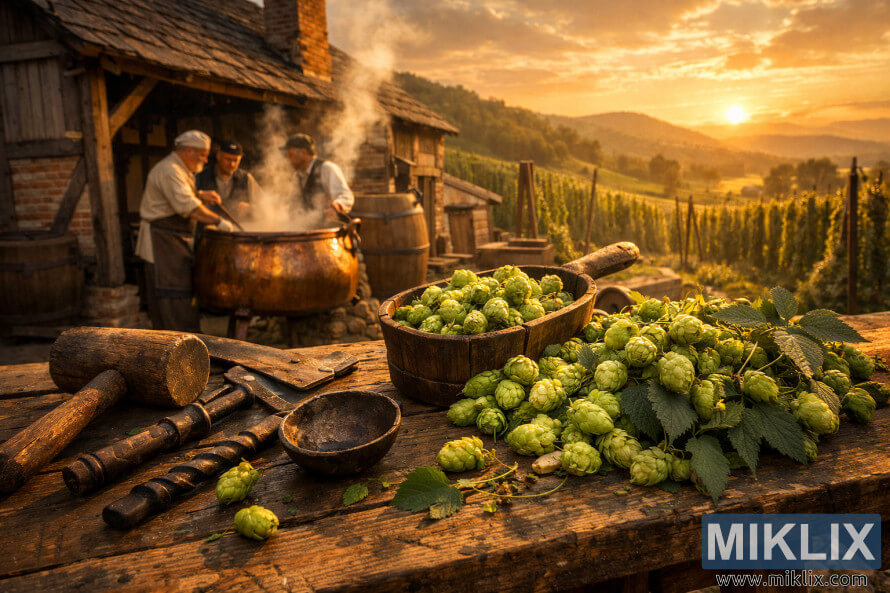 Historical brewing scene with fresh hops on a wooden table, brewers working at a copper kettle, and hop fields glowing under a golden sunset.