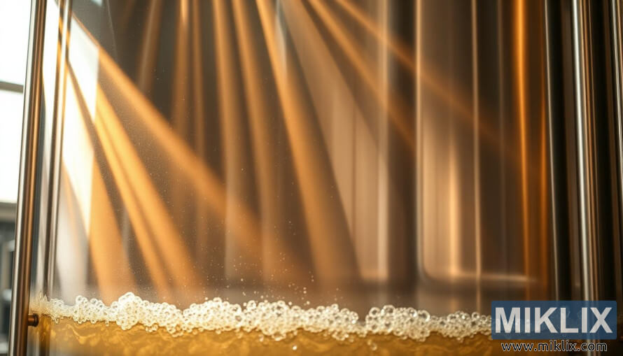 Cuve en acier inoxydable avec de la biÃ¨re qui bouillonne doucement sous une lumiÃ¨re chaude et dorÃ©e dans une microbrasserie.