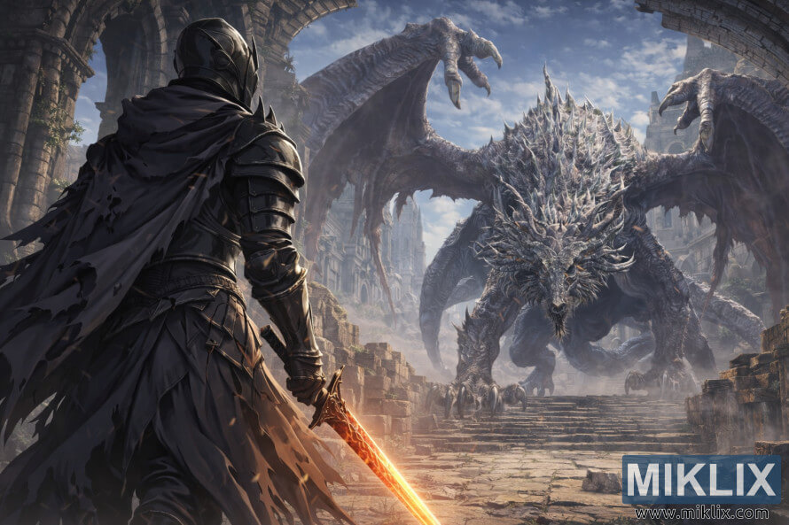 Prajurit lapis baja poék gaya anime katingali ti tukang nyanghareupan naga wyvern raksasa di reruntuhan gotik sateuacan perang. Prajurit lapis baja poék gaya anime katingali ti tukang nyanghareupan naga wyvern raksasa di reruntuhan gotik sateuacan perang.