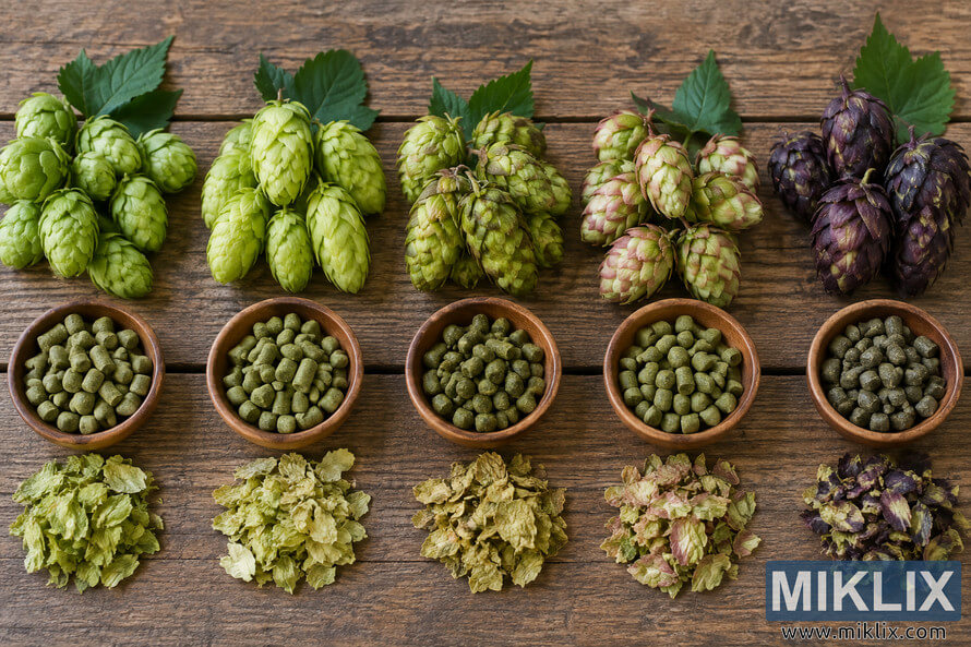 Overhead comparison of five alternative hop varieties arranged on rustic wood, with whole hop cones, wooden bowls of hop pellets, and piles of dried hop material progressing from bright green to deep purple. Overhead comparison of five alternative hop varieties arranged on rustic wood, with whole hop cones, wooden bowls of hop pellets, and piles of dried hop material progressing from bright green to deep purple.
