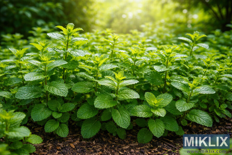 Lush green mint plants growing densely in a garden bed with rich soil and dappled sunlight filtering through surrounding foliage.