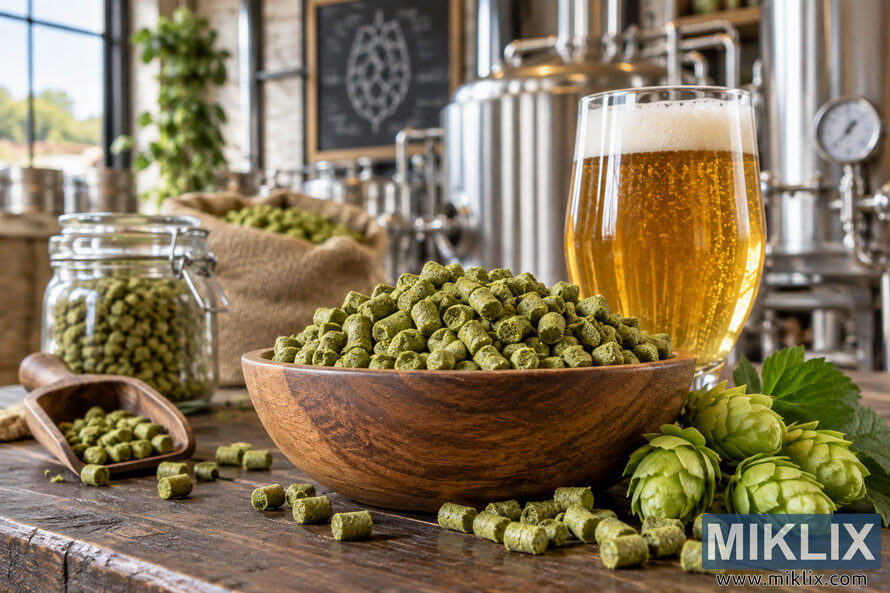 Landscape photo of fresh green hop pellets piled in a wooden bowl on a rustic brewery worktable, with whole hop cones, a jar and scoop of pellets, a glass of golden beer, and stainless-steel brewing equipment in the background. Landscape photo of fresh green hop pellets piled in a wooden bowl on a rustic brewery worktable, with whole hop cones, a jar and scoop of pellets, a glass of golden beer, and stainless-steel brewing equipment in the background.