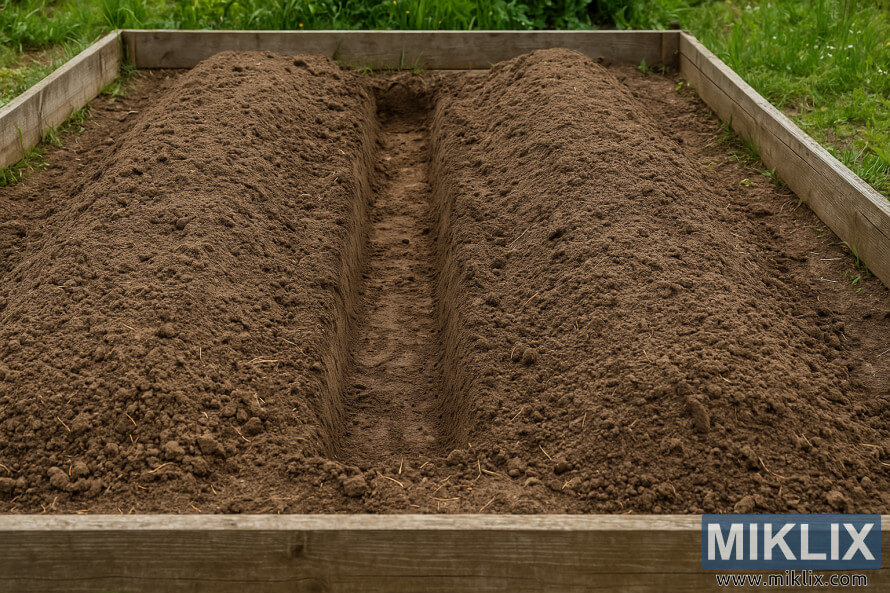 SveÅ¾e pripravljena gredica beluÅ¡ev z ravnim jarkom na sredini, obdana z lesenimi obrobami in rahljo obdelano zemljo.