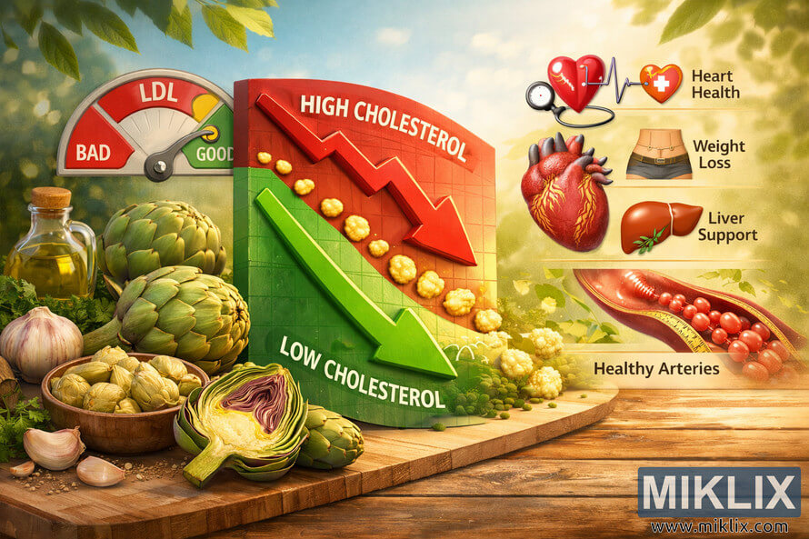 Digital illustration showing artichokes and cholesterol levels decreasing, with health benefit icons for heart, liver, weight, and arteries. Digital illustration showing artichokes and cholesterol levels decreasing, with health benefit icons for heart, liver, weight, and arteries.