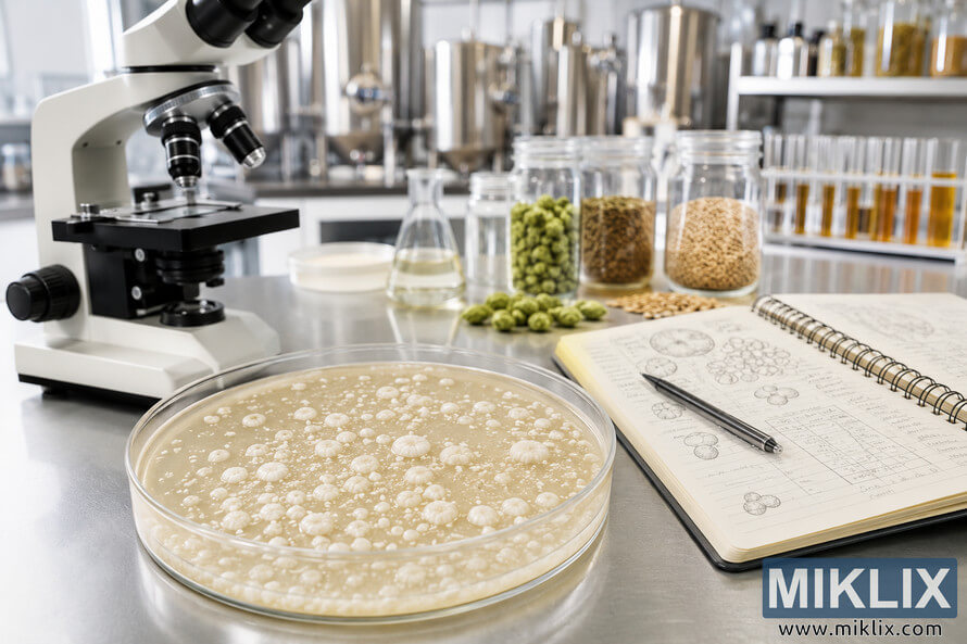 Scientific illustration of a Pilsner lager yeast strain in a laboratory, featuring a Petri dish with frothy yeast colonies, a microscope, brewing ingredients, and a research notebook in a clean brewing science environment. Scientific illustration of a Pilsner lager yeast strain in a laboratory, featuring a Petri dish with frothy yeast colonies, a microscope, brewing ingredients, and a research notebook in a clean brewing science environment.