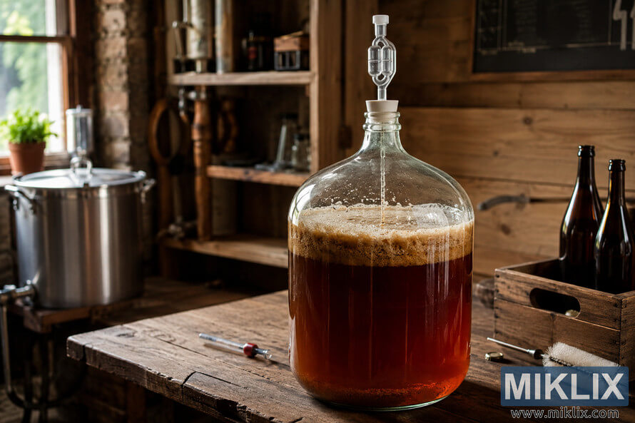 A glass carboy filled with fermenting strong amber ale sits on a weathered wooden table in a rustic homebrewing room. Foam crowns the beer beneath an airlock while brewing equipment, wooden shelving, bottles, and warm natural light create a traditional handcrafted brewing atmosphere.
