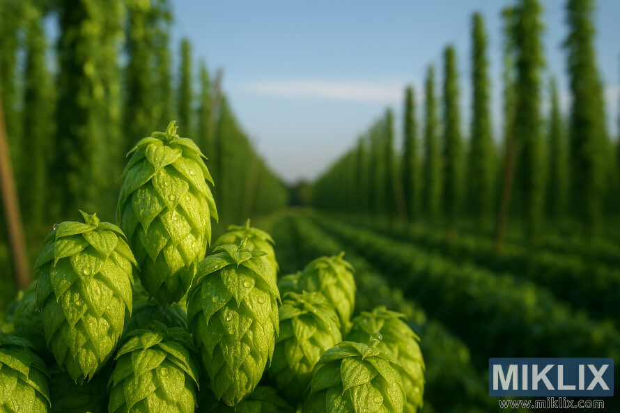 Close-up of fresh Hallertauer Gold hop cones with dew, set against a sunlit hop field. Close-up of fresh Hallertauer Gold hop cones with dew, set against a sunlit hop field.
