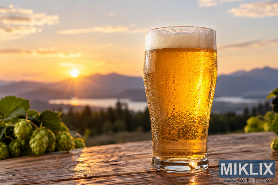 Cold unbranded glass of golden pale ale with a creamy foam head and condensation on a rustic wooden table, framed by fresh green hops with a mountain lake and warm sunset in the background. Cold unbranded glass of golden pale ale with a creamy foam head and condensation on a rustic wooden table, framed by fresh green hops with a mountain lake and warm sunset in the background.