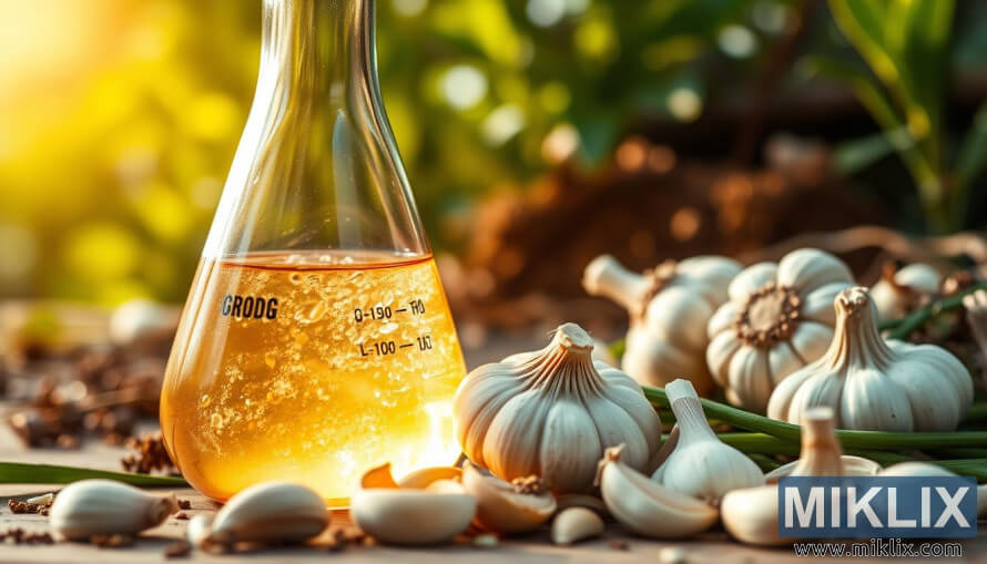 Een glas met gouden vloeistof en verse knoflookbollen in een weelderige natuurlijke omgeving.