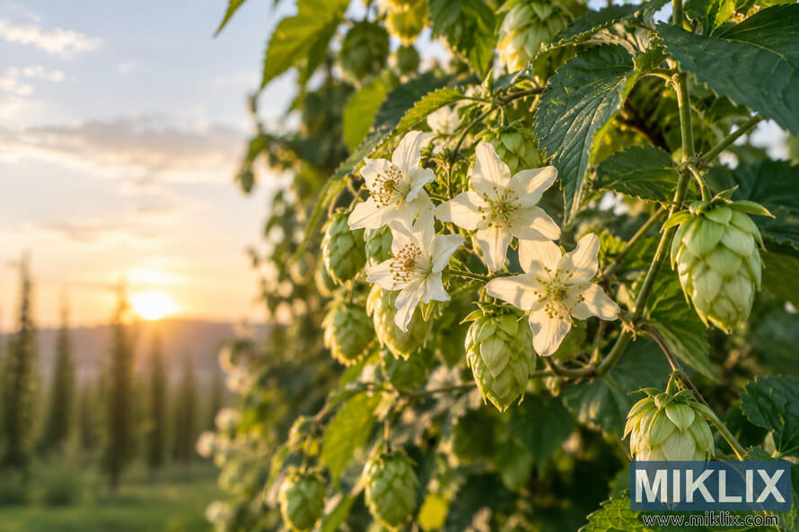 Photorealistic white hop flowers with yellow-green centers surrounded by pale green hop cones and serrated leaves in warm golden-hour sunlight, with a softly blurred field and sunset sky in the background. Photorealistic white hop flowers with yellow-green centers surrounded by pale green hop cones and serrated leaves in warm golden-hour sunlight, with a softly blurred field and sunset sky in the background.