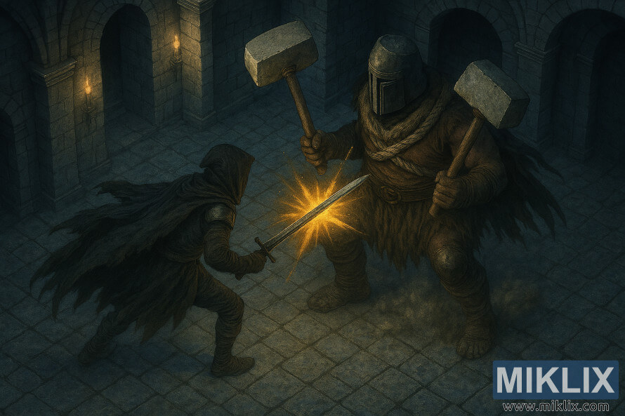 Ultra-realistic battle scene of Tarnished fighting Grave Warden Duelist with dual hammers in Elden Ring