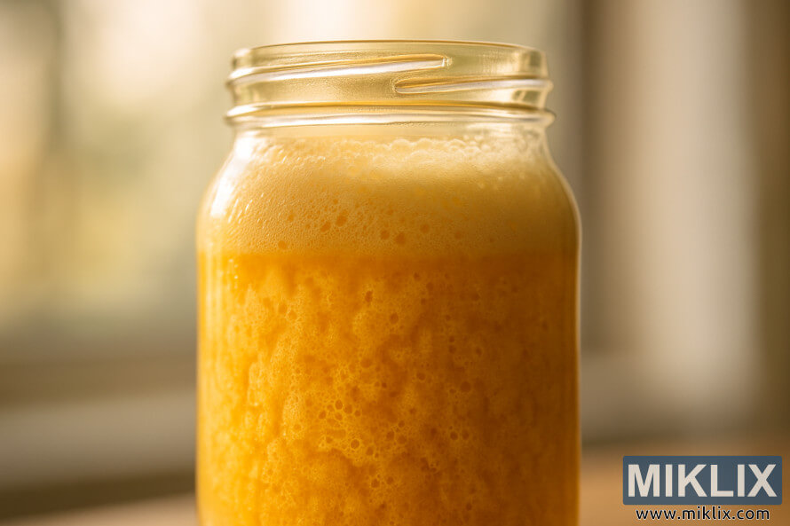 DetailnÃ½ zÃ¡ber na Å¾iariacu sklenenÃº nÃ¡dobu naplnenÃº zlatou, bublinkovou kvasinkovou kultÃºrou v teplom prirodzenom svetle.