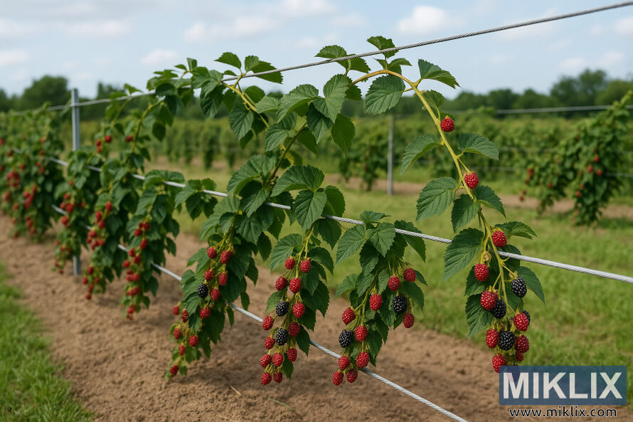 RangÃ©e de ronces rampantes, palissÃ©es sur un systÃ¨me de treillis Ã  deux fils, avec des baies mÃ»rissant dans un champ verdoyant sous un ciel bleu.