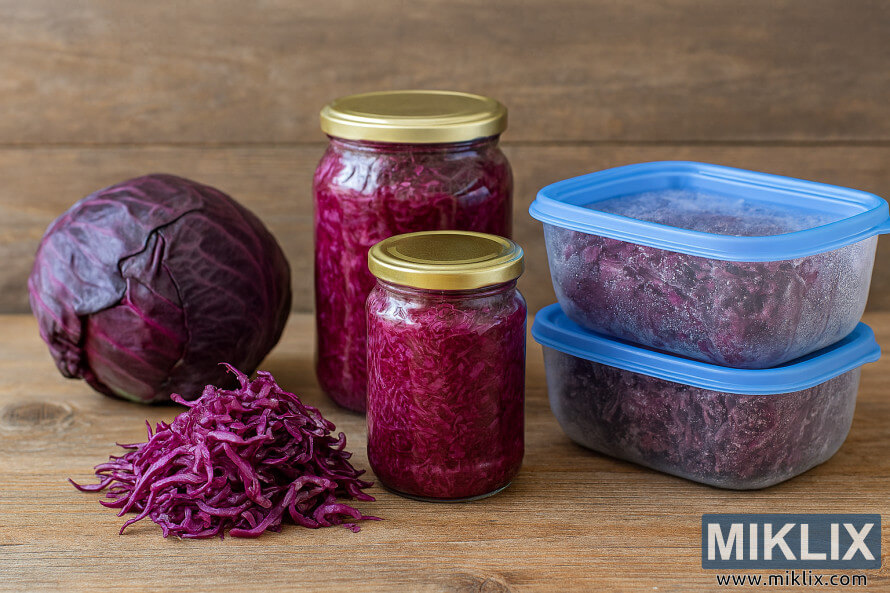 Col llombarda fresca, fermentada i congelada sobre superfÃ­cie de fusta rÃºstica