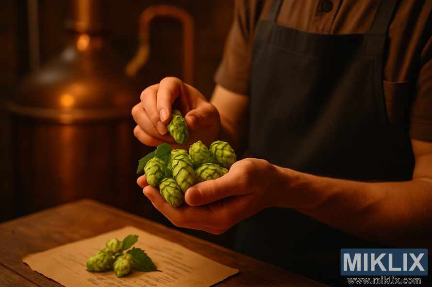 Hendur bruggara skoÃ°a ferskar grÃ¦nar Greensburg humalkeglar Ã­ hlÃ½ju ljÃ³si