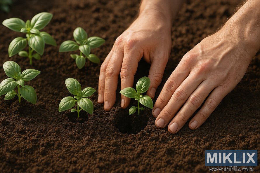 Mãos plantando mudas de manjericão em solo escuro de jardim na profundidade adequada. Mãos plantando mudas de manjericão em solo escuro de jardim na profundidade adequada.