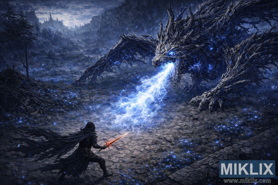 Landscape isometric anime-style view of a massive Ghostflame Dragon dwarfing the Tarnished, who wields a glowing sword on the ruined Moorth Highway in Elden Ring: Shadow of the Erdtree.