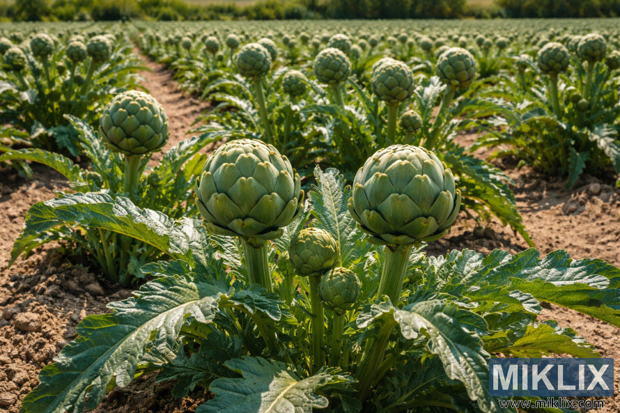 Rows of mature artichoke plants growing in full sun, with large green buds and broad serrated leaves in well-drained soil.