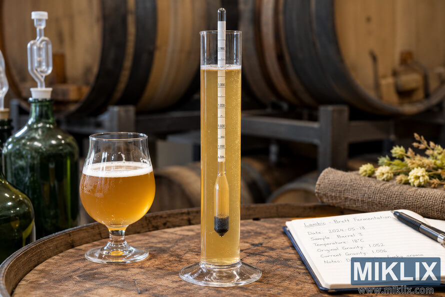 Hydrometer floating in a cylinder of pale golden beer on a wooden brewery table, beside a beer glass, fermentation vessels, brewing notes, and barrels. Hydrometer floating in a cylinder of pale golden beer on a wooden brewery table, beside a beer glass, fermentation vessels, brewing notes, and barrels.