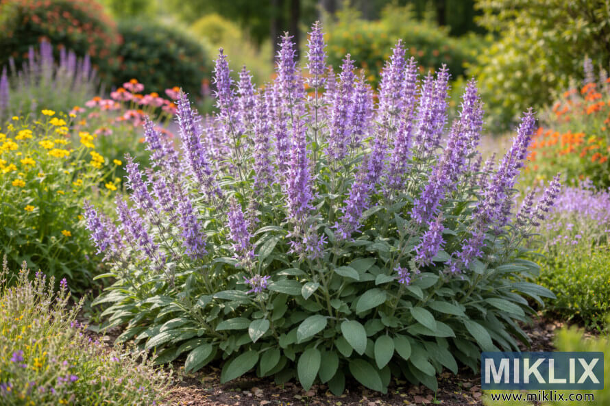 Une plante de sauge en pleine floraison avec des fleurs violettes et des feuilles vert argentÃ©, poussant dans un jardin colorÃ© et baignÃ© de soleil.