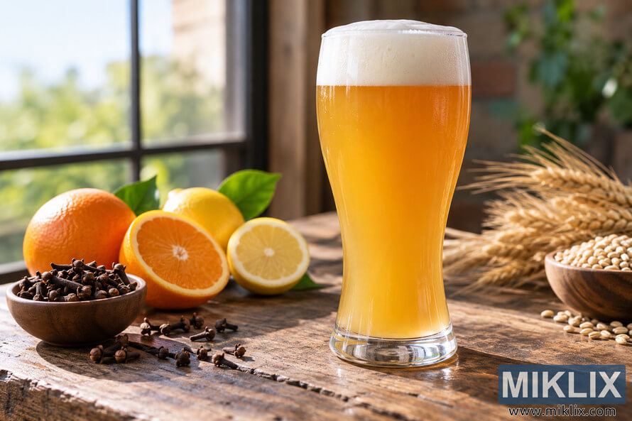 Landscape still life of a cloudy golden hefeweizen in an unbranded wheat beer glass with a thick white foam head, surrounded by oranges, lemon, whole cloves, wheat stalks, grains, and green leaves on a rustic wooden table in warm natural sunlight. Landscape still life of a cloudy golden hefeweizen in an unbranded wheat beer glass with a thick white foam head, surrounded by oranges, lemon, whole cloves, wheat stalks, grains, and green leaves on a rustic wooden table in warm natural sunlight.