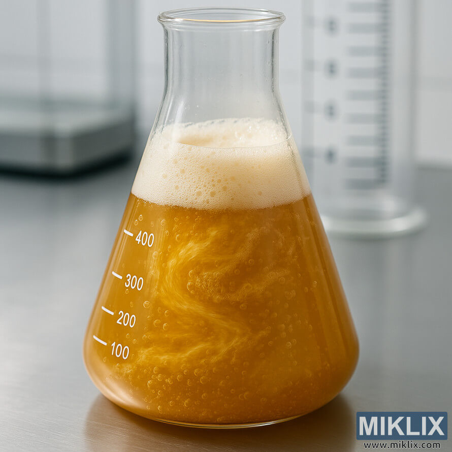 Close-up of a glass Erlenmeyer flask on a stainless steel surface, filled with golden beer wort and yeast in active fermentation, swirling with bubbles and capped by frothy foam.