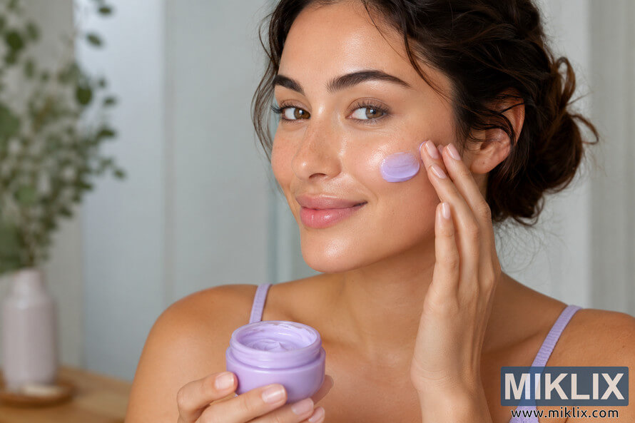 Young woman with glowing healthy skin gently applying lavender-colored skincare cream to her cheek in a softly lit spa-inspired bathroom setting.