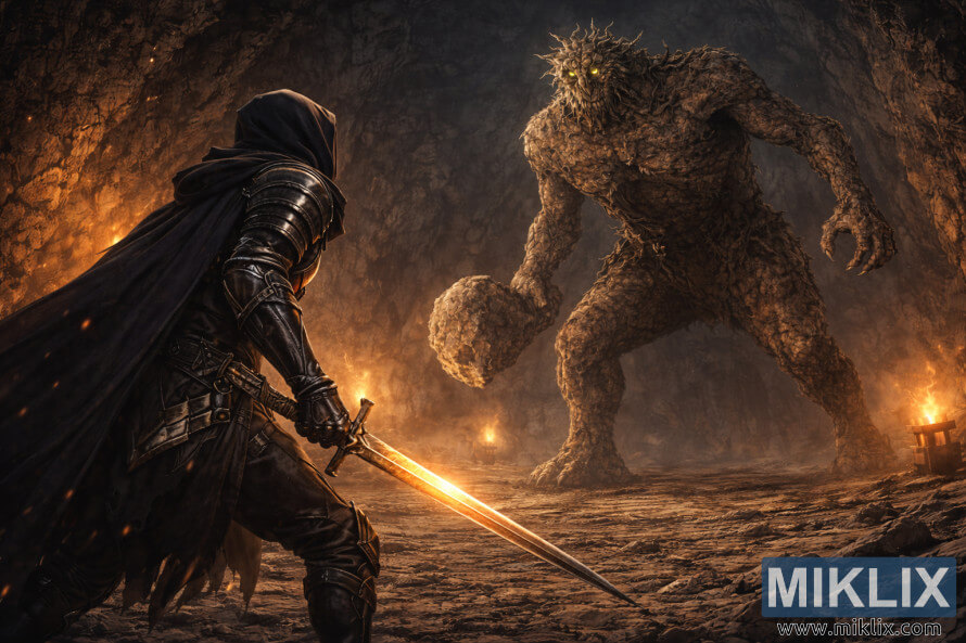 Cena de fantasia semi-realista de um guerreiro encapuzado e blindado visto por trÃ¡s segurando uma espada brilhante enquanto enfrenta um troll de pedra gigante numa caverna iluminada por tochas.