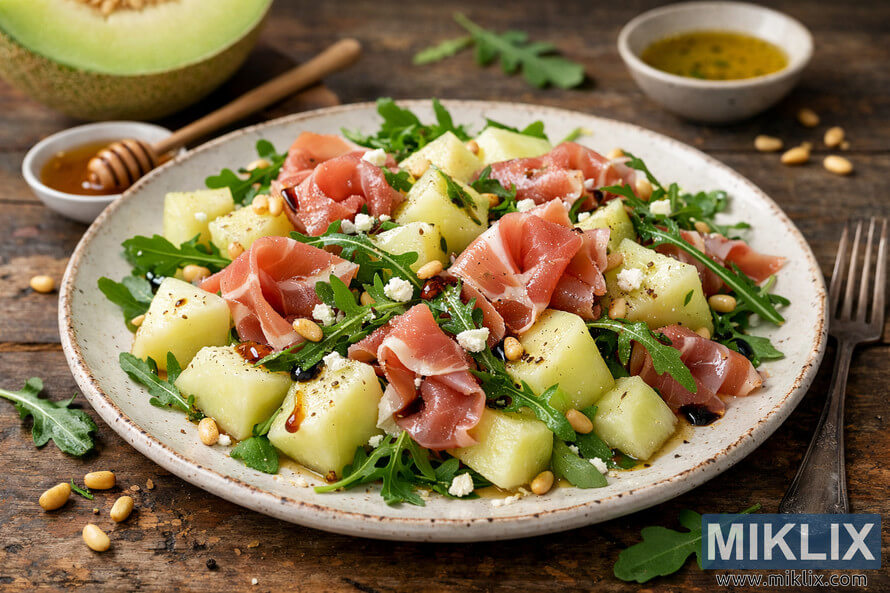 A high-resolution photograph of a savory honeydew melon salad with prosciutto and arugula served on a rustic off-white ceramic plate. Bite-sized pale green honeydew melon pieces are mixed with thin, ruffled slices of pink prosciutto, deep green arugula leaves, crumbled white feta cheese, and golden toasted pine nuts. The salad is drizzled with dark balsamic glaze and golden olive oil and sprinkled with black pepper. The plate rests on a weathered wooden table with scattered pine nuts and arugula sprigs, a vintage silver fork to the right, a halved honeydew melon, a small bowl of honey with a wooden dipper, and a dish of olive oil softly blurred in the background. A high-resolution photograph of a savory honeydew melon salad with prosciutto and arugula served on a rustic off-white ceramic plate. Bite-sized pale green honeydew melon pieces are mixed with thin, ruffled slices of pink prosciutto, deep green arugula leaves, crumbled white feta cheese, and golden toasted pine nuts. The salad is drizzled with dark balsamic glaze and golden olive oil and sprinkled with black pepper. The plate rests on a weathered wooden table with scattered pine nuts and arugula sprigs, a vintage silver fork to the right, a halved honeydew melon, a small bowl of honey with a wooden dipper, and a dish of olive oil softly blurred in the background.