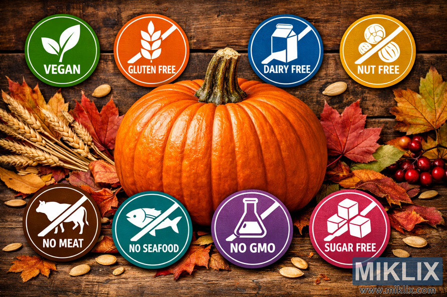 A large orange pumpkin on a rustic wooden surface surrounded by colorful dietary restriction symbols including vegan, gluten-free, dairy-free, nut-free, no meat, no seafood, no GMO, and sugar-free icons.