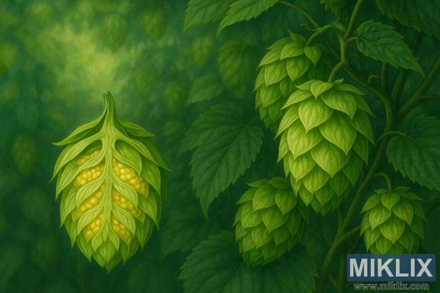 Corte transversal detalhado do cone de lúpulo mostrando ácidos alfa e lupulina em ramos exuberantes. Corte transversal detalhado do cone de lúpulo mostrando ácidos alfa e lupulina em ramos exuberantes.