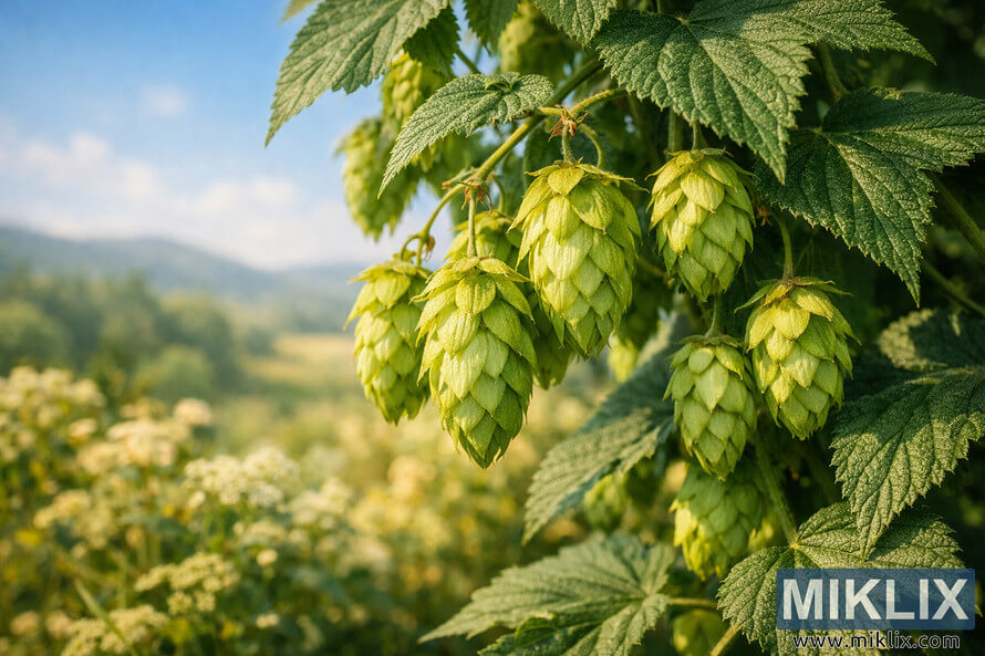 Macro botanical illustration of Dunav hop cones hanging from lush green bines with sunlit hills and blue sky in the background.