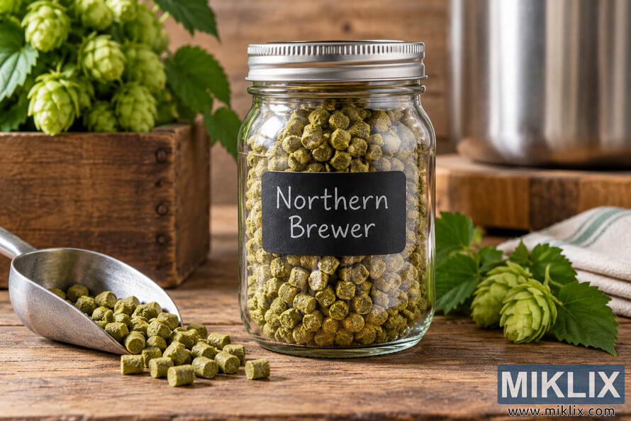 Clear mason jar filled with green Northern Brewer hop pellets on a rustic wooden table, surrounded by fresh hop cones, scattered pellets, a metal scoop, leaves, and brewing equipment.