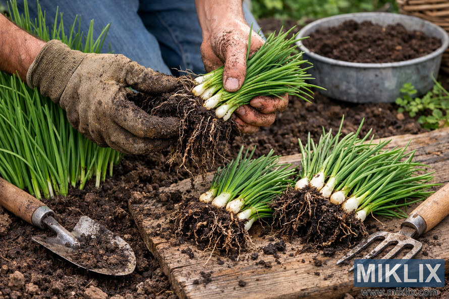 Gardener dividing mature chive clumps in a garden, separating roots and bulbs for propagation. Gardener dividing mature chive clumps in a garden, separating roots and bulbs for propagation.