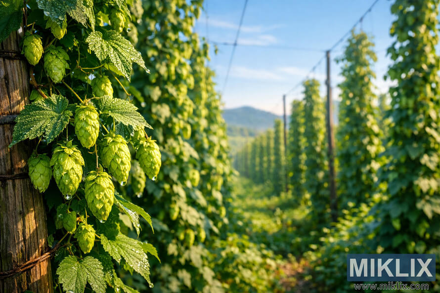 Close-up of vibrant green hop cones covered in morning dew, hanging from vines on wooden trellises in a sunlit hop garden with distant hills and blue sky.