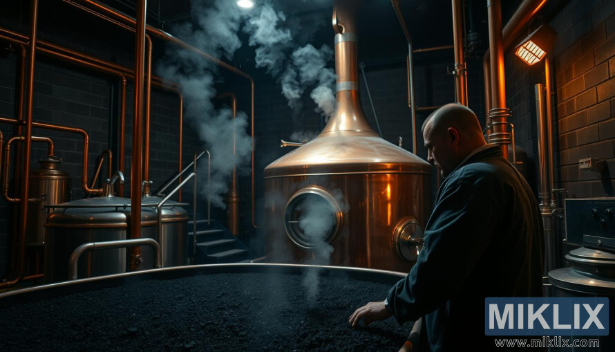 Berarul monitorizeazÄ mustul de malÈ negru Ã®ntr-un cazan de cupru cu abur Èi o strÄlucire caldÄ de chihlimbar.