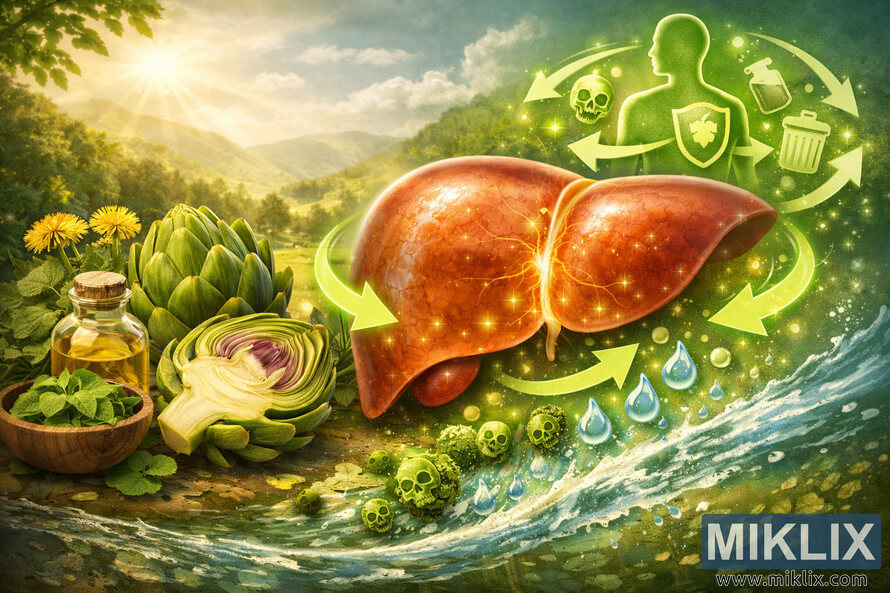 Illustration showing artichokes and a glowing liver symbolizing detoxification and liver health benefits in a natural landscape. Illustration showing artichokes and a glowing liver symbolizing detoxification and liver health benefits in a natural landscape.