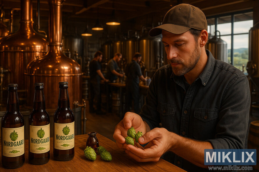 Brewmaster inspects fresh Nordgaard hops in a warm brewery with copper kettles, workers brewing, and beers on display.