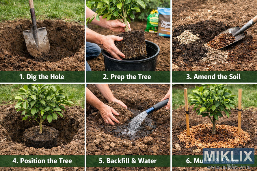 Six-panel step-by-step visual guide showing how to properly plant a citrus tree, including digging the hole, preparing the tree, amending soil, positioning, watering, and mulching with stakes.