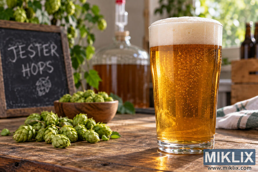 Landscape photo of a clear golden homebrew beer with a thick creamy foam head on a rustic wooden table, surrounded by fresh green hops, a bowl of hop cones, brewing equipment and a chalkboard reading Jester Hops. Landscape photo of a clear golden homebrew beer with a thick creamy foam head on a rustic wooden table, surrounded by fresh green hops, a bowl of hop cones, brewing equipment and a chalkboard reading Jester Hops.