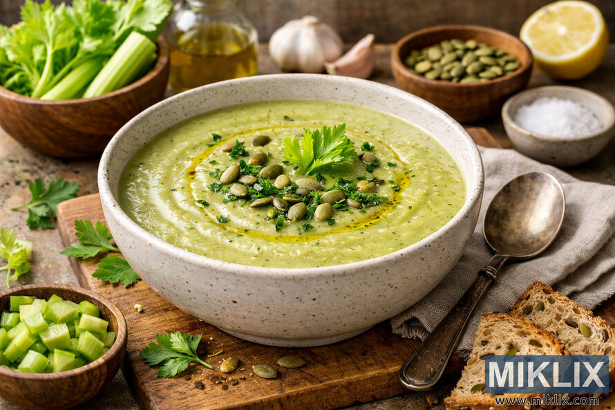 A bowl of creamy celery soup garnished with olive oil, pumpkin seeds, and parsley, surrounded by fresh celery, bread, and rustic kitchen elements.