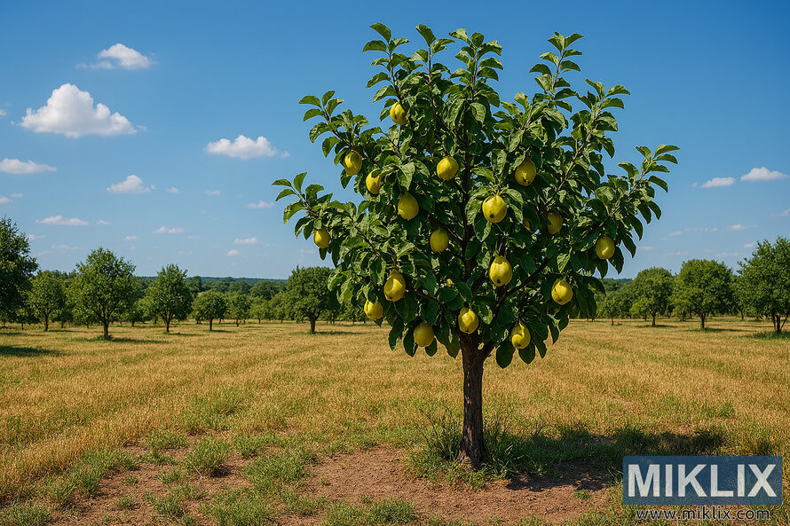 Landscape view of a sunlit orchard with young quince trees on loamy soil