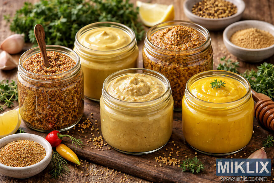 Landscape photo of assorted homemade mustard condiments in glass jars, including whole grain, Dijon, and bright yellow varieties, arranged on a rustic wooden table with seeds, garlic, herbs, and peppers.