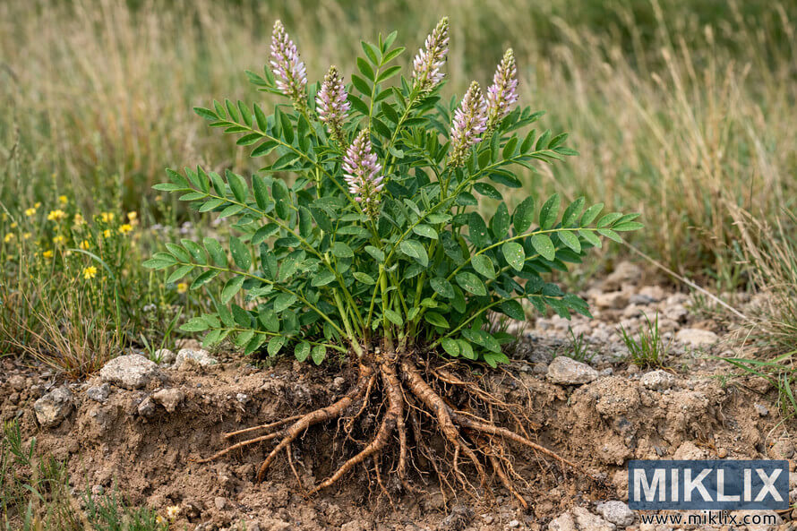 A licorice plant with green compound leaves and exposed brown roots growing in dry, rocky soil surrounded by grasses and wildflowers.