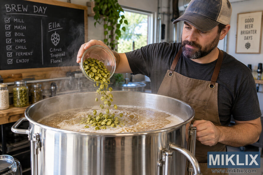 Homebrewer pouring green Ella hops from a glass bowl into steaming, boiling wort in a large stainless steel brewing kettle in a bright home brewery.