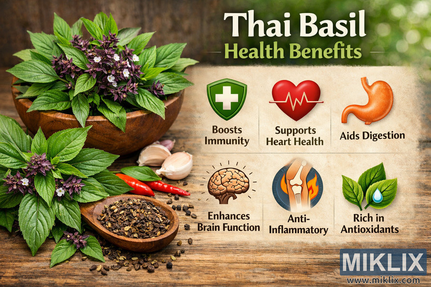 High-resolution landscape photo of Thai basil leaves and flowers on a wooden surface beside lime slices, garlic, and chili peppers, with illustrated icons showing health benefits such as immunity, heart health, digestion, brain function, anti-inflammatory properties, and antioxidants.